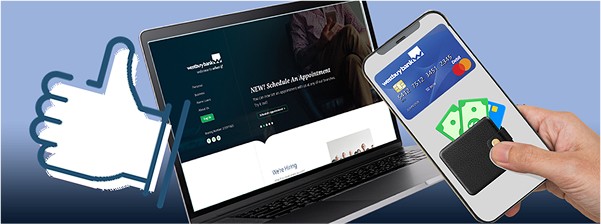 graphic featuring a thumbs up, laptop, and mobile phone